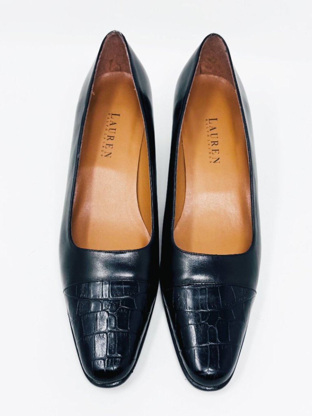 Lauren Ralph Lauren Women Black Leather Textured Toe Slip on Pumps  Size 9